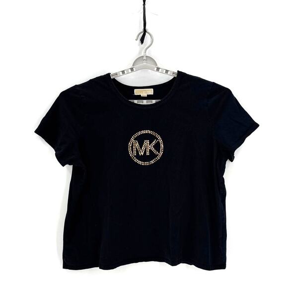 Michael Kors black semi cropped T-shirt with bold studded gold MK size 3Xl - Picture 1 of 5